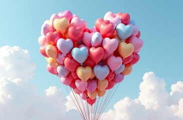 Wall Mural - 3D rendered heart made of colorful balloons floating against a clear sky