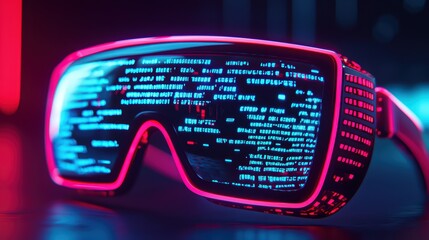 Poster - Futuristic virtual reality glasses with glowing data display, isolated on a dark background.