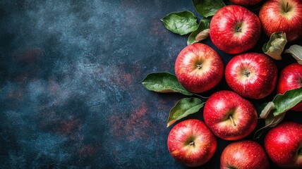 Red apples with green leaves on dark background