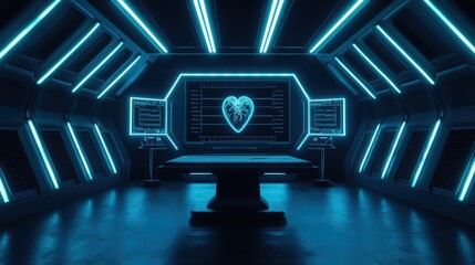 Poster - Futuristic workspace with neon lights and a heart graphic on the screen, ideal for modern tech concepts.