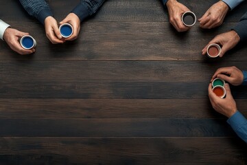 Hands holding colorful cups on a wooden table, representing collaboration and teamwork.