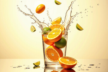 Citrus fruit splashing into glass of water with yellow background