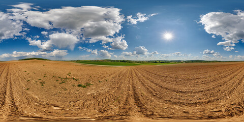 Wall Mural - 360 hdri panorama view on no traffic gravel dirt muddy road among fields in spring day with beautifu