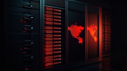 Poster - Modern server room illuminated with red lights, featuring a digital world map on display.