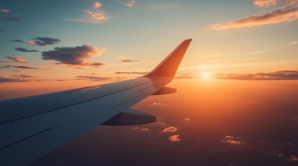 Poster - Airplane wing soaring through a vibrant sunset sky, offering a breathtaking view of the clouds below and the golden horizon