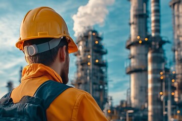 A worker in a hard hat observes industrial towers emitting steam under a bright sky, highlighting the energy sector's activity.