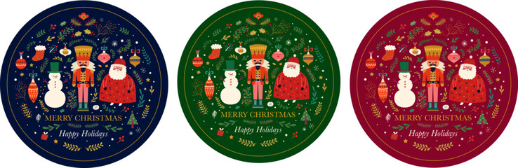 Wall Mural - classic christmas greeting illustration with funny santa claus, nutcracker and snowman. christmas ci