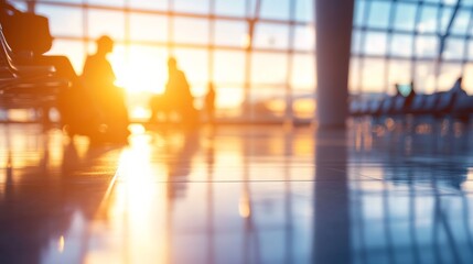 Poster - Travelers silhouetted in bustling airport terminal under warm sunset glow. Reflecting light on shiny floor