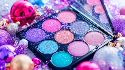 A Christmas-themed makeup palette filled with vibrant, glittering holiday colors, surrounded by tinsel, ornaments, and a cozy fireplace.