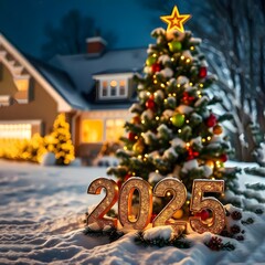 A snowy winter scene with a Christmas tree and a house in the background and the numbers 2025