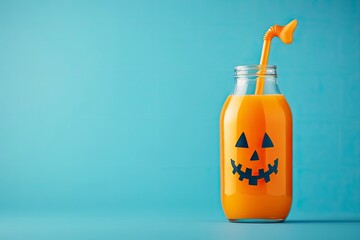 Halloween drink in a glass bottle with scary faces. Carrot or pumpkin juice with straw on a blue background with Halloween decorations. Copy space. with generative ai