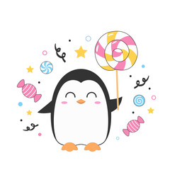 Wall Mural - Penguin character cartoon lollipop candies happy smile cute bright vector illustration.