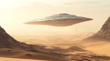 Wall Mural - A 2D desert scene with a 3D rendered spaceship landing creating dimensional contrast