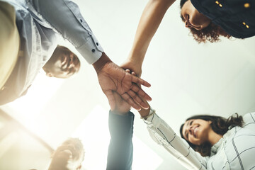 Aufkleber - Low angle, stack and hands of business people in office for teamwork, collaboration and support. Professional, corporate and men and women with gesture for solidarity, partnership and agreement
