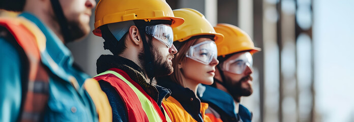 A group of construction workers wearing safety gear and helmets, ready for work. -  