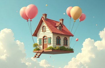 Wall Mural - House flying with balloons, floating in the sky, cute and funny surrealism image