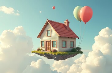 Wall Mural - House flying with balloons, floating in the sky, cute and funny surrealism image