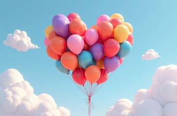 Wall Mural - 3D rendered heart made of colorful balloons floating against a clear sky