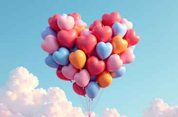 3d rendered heart made of colorful balloons floating against a clear sky