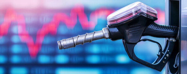 Gasoline pump with rising and falling stock chart in the background, fuel market, illustrating the relationship between fuel prices and global financial trends