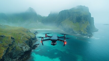 Poster - A drone hovers above breathtaking coastal cliffs, capturing the vivid blue waters below. The mist creates a serene atmosphere, enhancing the remote beauty of the landscape.