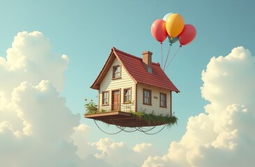 Wall Mural - House flying with balloons, floating in the sky, cute and funny surrealism image