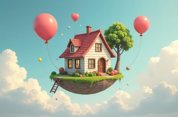 Wall Mural - House flying with balloons, floating in the sky, cute and funny surrealism image
