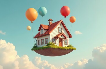 Wall Mural - House flying with balloons, floating in the sky, cute and funny surrealism image