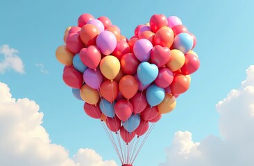 Wall Mural - 3D rendered heart made of colorful balloons floating against a clear sky