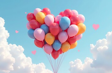 Wall Mural - 3D rendered heart made of colorful balloons floating against a clear sky