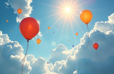 Wall Mural - Colorful balloons floating up into cloudy sky with sunlight breaking through