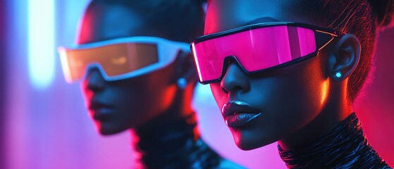 Two futuristic women in sleek outfits, bold sunglasses, neon lighting, scifi atmosphere