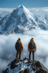 Two hikers stand atop a rocky peak, gazing at snowcovered mountains above the clouds in a misty landscape