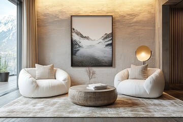 Round coffee table positioned between two white sofas, set against a wall with a framed picture. Country-style interior design in a modern living room.