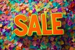 © grey - 'SALE' in bold orange, popping out against a background of colorful confetti.