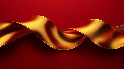 Golden Ribbon Waves on a Red Background: Elegant and Festive Abstract Design