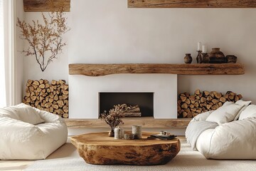 rustic wooden coffee table positioned between two white sofas near a fireplace, with a shelf and fir