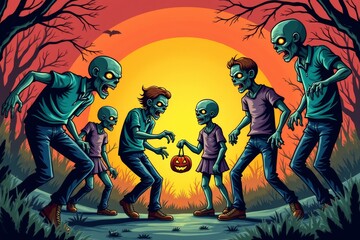 Whimsical zombies playfully pranking children against the backdrop of a bright sunset