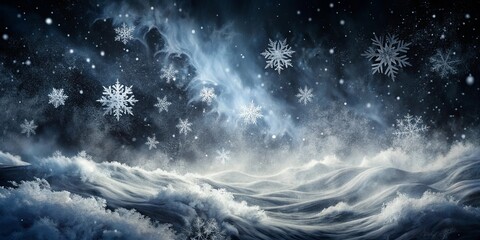 Sticker - A Winter's Tale Snowflakes Dance Upon a Frozen Sea of White, a Whirlwind of Frost and Wonder, Against a Night Sky of Infinite Stars.