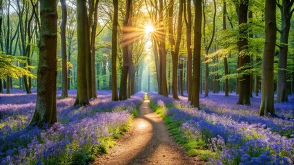 Wall Mural - A sunlit path through a forest, where sunlight filters through the trees, illuminating the ground, covered in a vibrant carpet of purple wildflowers, creating a sense of tranquility and wonder.