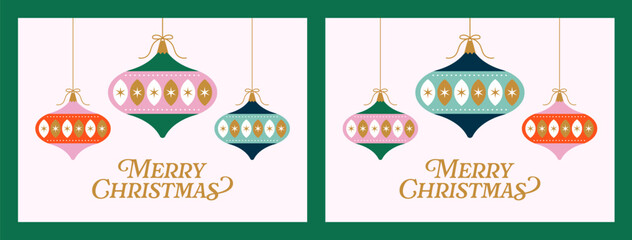 Wall Mural - Merry Christmas Greeting Card Design Template. Set of Christmas Card Creative Concepts with Hanging Christmas Ball Decorations. 