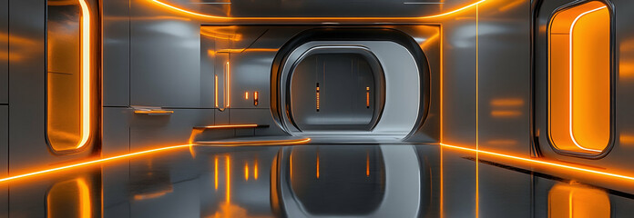 Futuristic sci-fi interior with gray and orange elements, metallic panels, and a glowing door -  