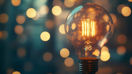 Glowing vintage incandescent bulb showcasing the filament and a soft background bokeh effect  -  