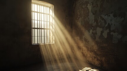 Prison cell with sunlight through window bars 3D render