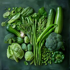 Fresh green vegetables on wooden background. Top view.