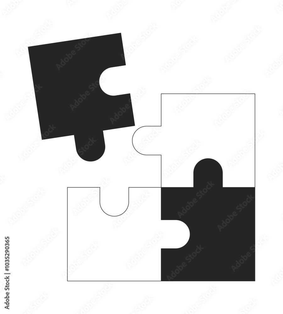 Four puzzle pieces incomplete black and white 2D line object. Jigsaw ...