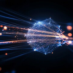 Poster - Abstract Futuristic Technology Glowing Polygonal Shape with Data Streams and Particles.