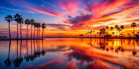 Wall Mural - A fiery sunset casts a warm glow on the silhouettes of palm trees, their reflections stretching across the tranquil water, creating a breathtaking panorama of nature's artistry.