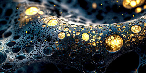 Poster - A blurry image of a liquid with gold bubbles floating in it