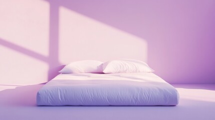 A bed with two pillows and a white sheet sits in a room with a pink wall